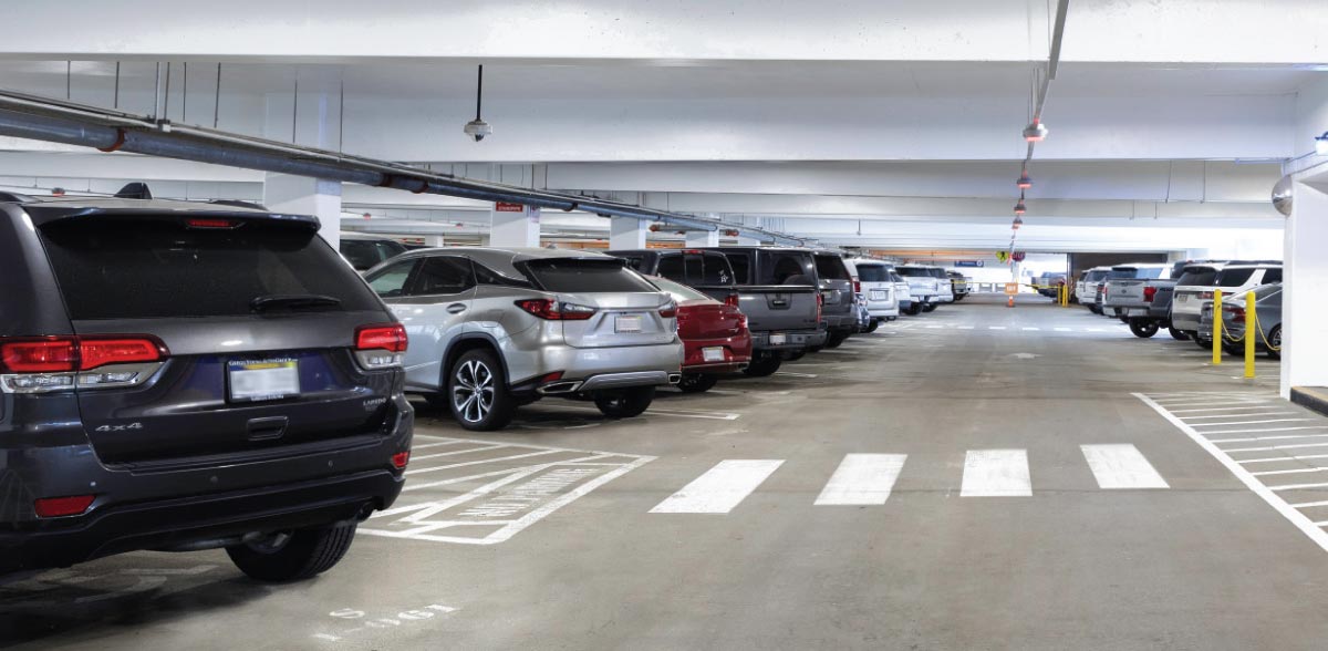 A view of cars parked inside the South Garage.